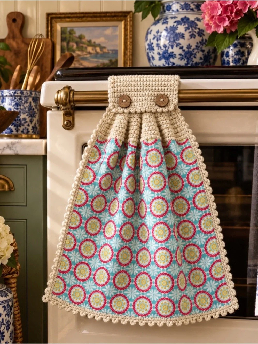 Pioneer Woman Aqua Medallion Crochet Hanging Kitchen Towel